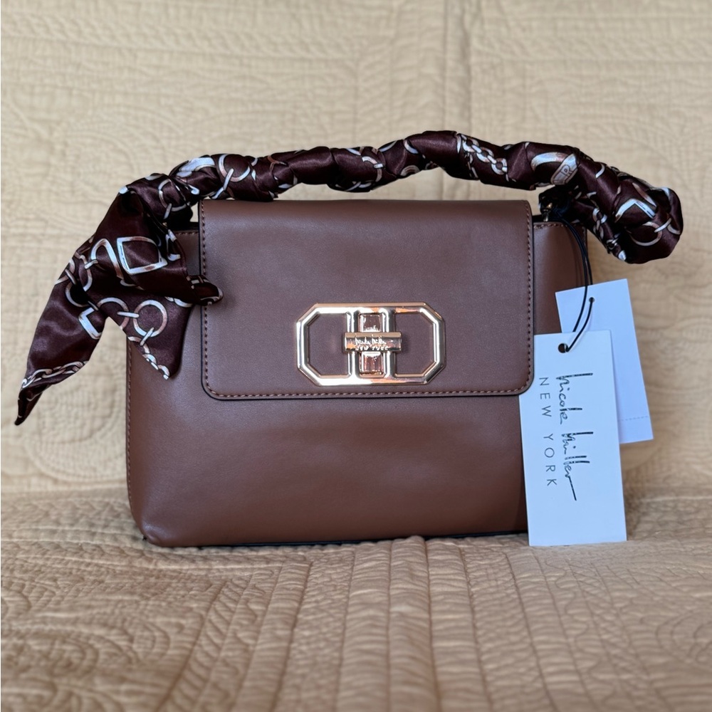 Brown Leather Handbag with Scarf by Nicole Miller
